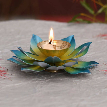 CraftVatika Blue Lotus Hand Painted Diya Metal
