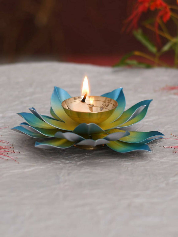 CraftVatika Blue Lotus Hand Painted Diya Metal