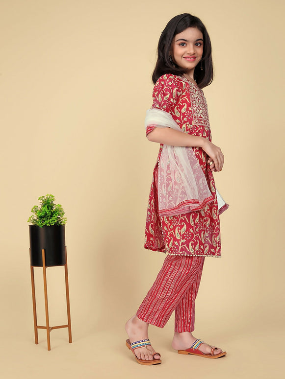 Divine Drape Girls Poly Cotton Red Embroidered Straight Kids Kurta Pant With Dupatta