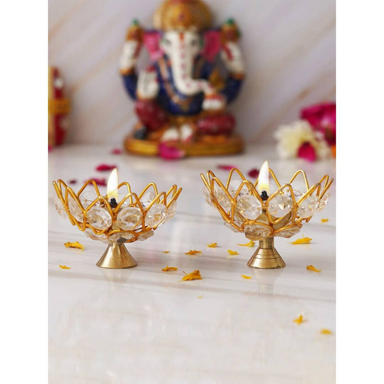 eCraftIndia Gold-Toned 2 Pieces Crystal Lotus Shape Brass Diyas