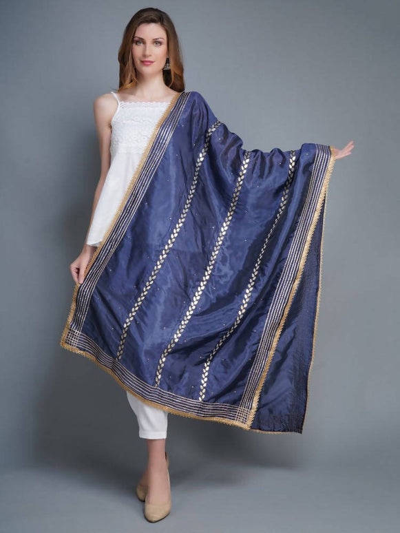 Shehnaai Navy Blue Artsilk Dupatta With Sarwoski And Gota Aari Embroidery