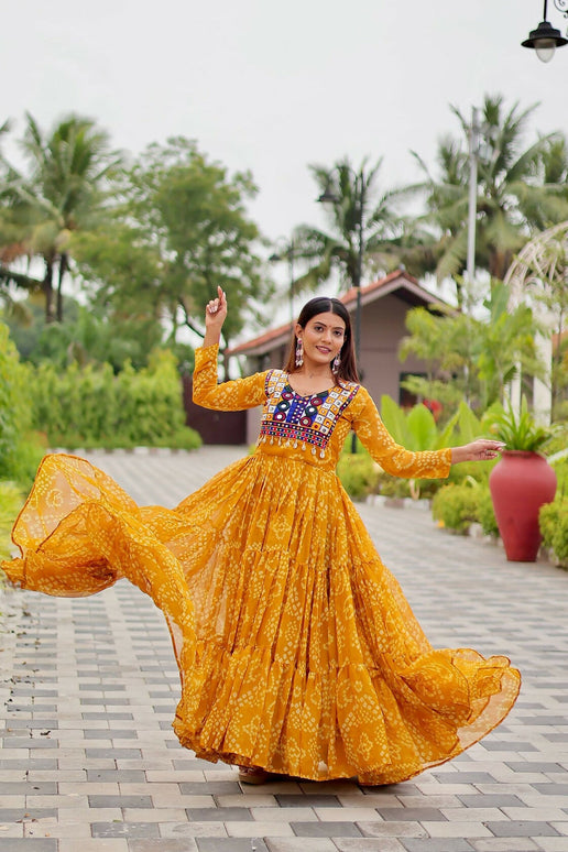 Aastha Fashion Yellow Faux Georgette Navratri Designer Gown Collection