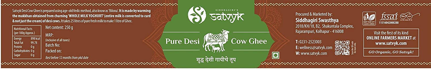 Siddhagiri's Satvyk Organic Pure Desi Cow Ghee | Made with Cow's Milk | Pure organic ghee, traditionally-churned