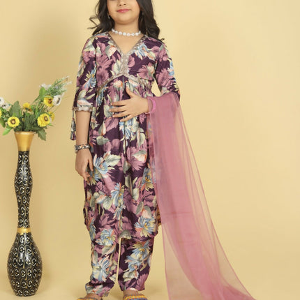 Divine Drape Girls Roman Slub Purple Printed Straight Kids Kurta Pant With Dupatta