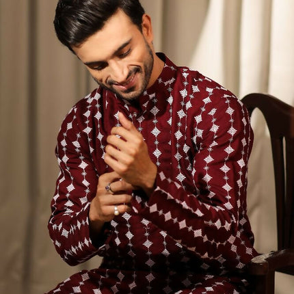 Maroon Viscose Designer Embroidery Work Kurta Set - Mahotsav