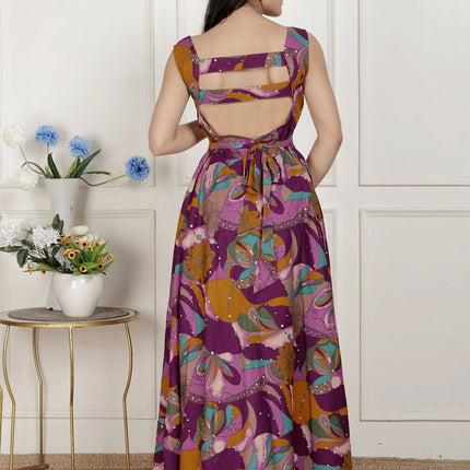 Miravan Womens Purple Pure Cotton Floral Printed Sleeveless Cut Out Western Dress