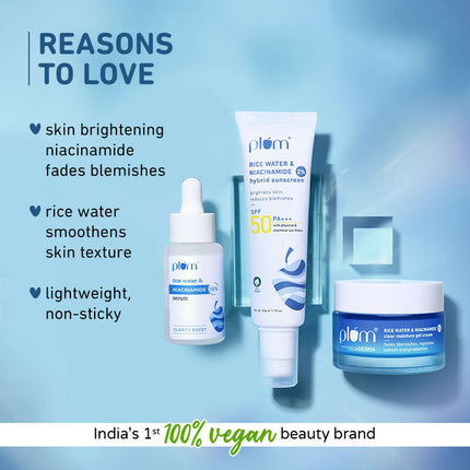 Plum Niacinamide Serum, Moisturizer & Sunscreen Kit For Bright, Blemish-Free, Hydrated Skin