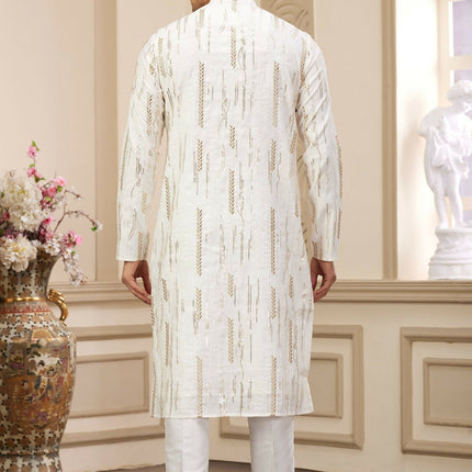 Raivat Ethnic Men's Art Silk Thread Work Kurta Pyjama In Cream Colour