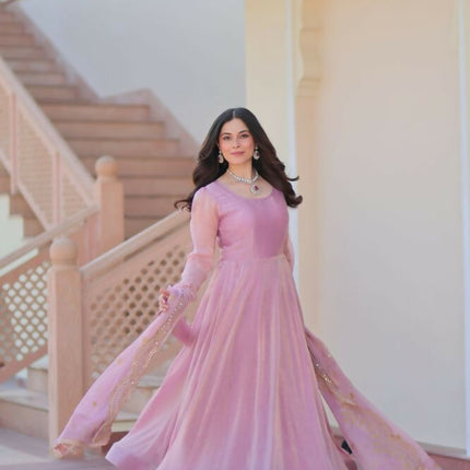 Aastha Fashion Pink Fendy Chiffon 12 Kali Stitched Party Wear Designer Gown