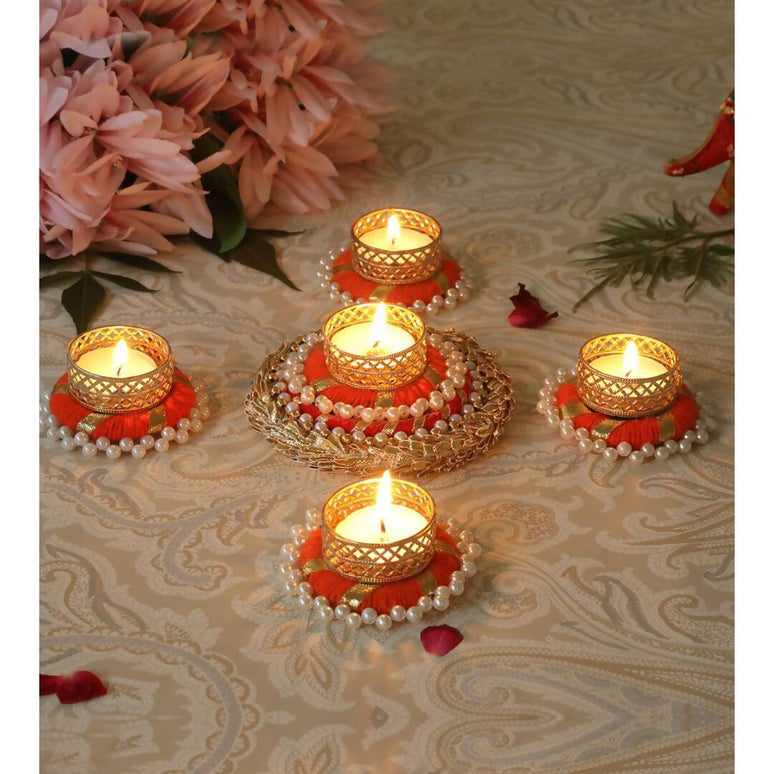 Tied Ribbons Set of 5 Orange & Gold-Toned Tealight Candle Holder