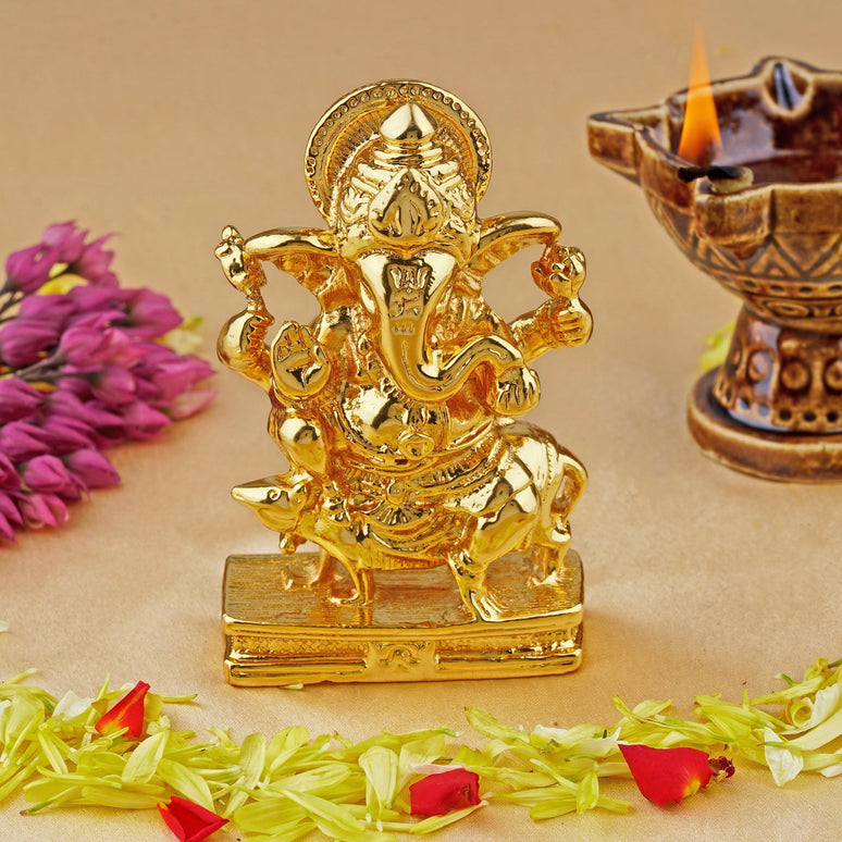 Estele Gold-Polished Spiritual Lord Mooshak Ganesha Idol for Gifts & HouseWarming/Home/Office Decors