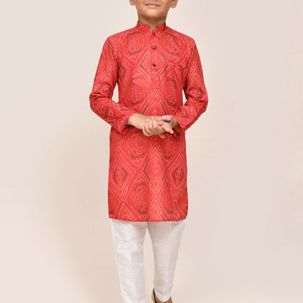Joban Fashion Cotton Red Kurta With Straight Fit Pant