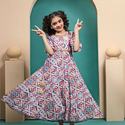 Divine Drape Girls Muslin MultiColour Printed Kids Anarkali Gown