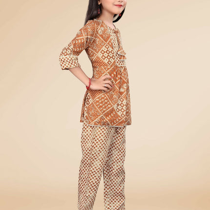 Divine Drape Girls Poly Cotton Mustard Printed Straight Kids Kurta Pant Set