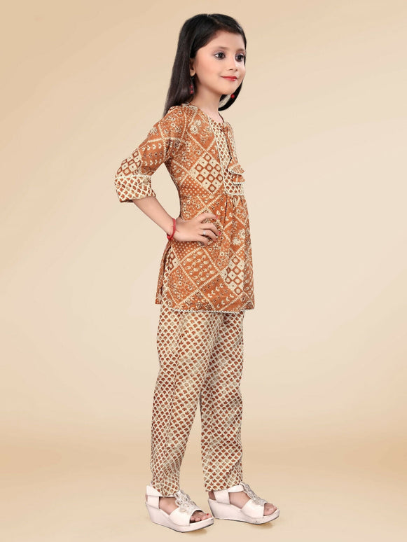 Divine Drape Girls Poly Cotton Mustard Printed Straight Kids Kurta Pant Set