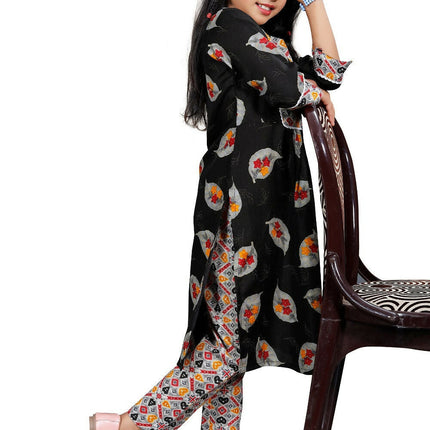 Divine Drape Girls Rayon Black Printed Straight Kids Kurta Set