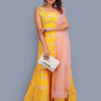 Shehnai Yellow Printed Strap Short Kurta With Sharara Set And Net Dupatta