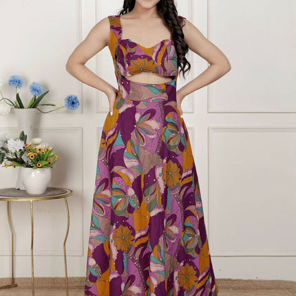 Miravan Womens Purple Pure Cotton Floral Printed Sleeveless Cut Out Western Dress