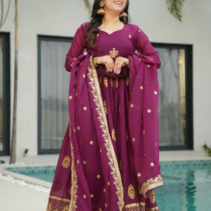 Aastha Fashion Wine Star Georgette Embroidery Zari Sequins-work Party Wear Designer Gown