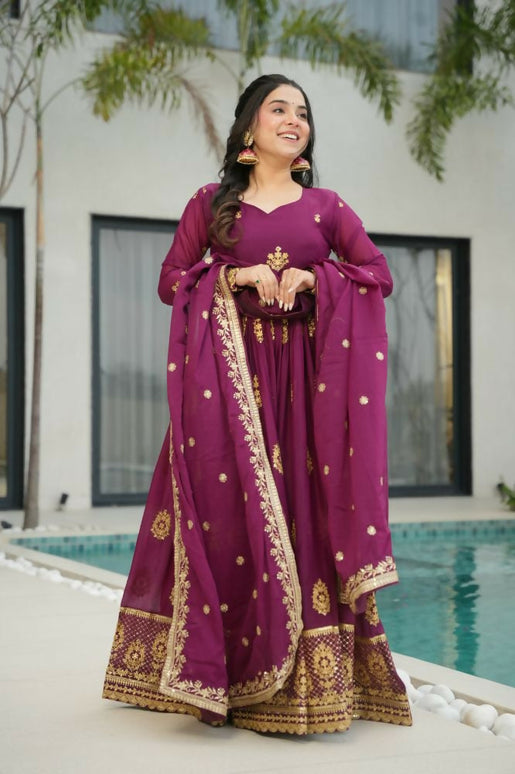 Aastha Fashion Wine Star Georgette Embroidery Zari Sequins-work Party Wear Designer Gown