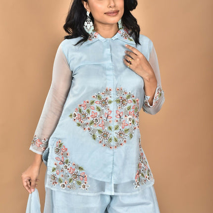 Morchari Women And Hand Embroidery Palazzo Set-Sky Blue