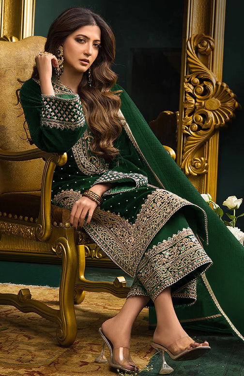 Lorenvalley Fashion Women Green Velvet Embroidered Salwar Suit Material