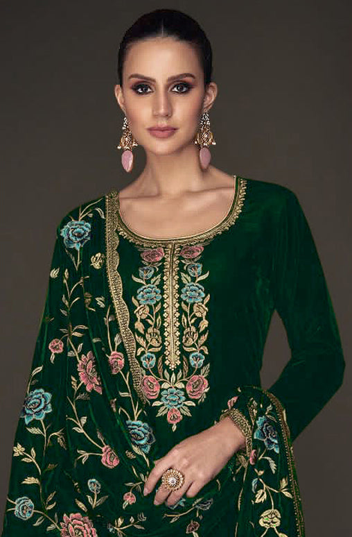 Lorenvalley Fashion Women Green Velvet Embroidered Salwar Suit Material