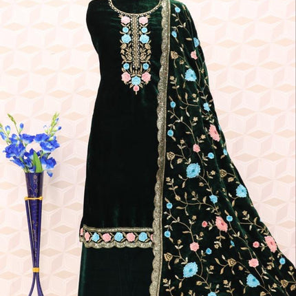 Lorenvalley Fashion Women Green Velvet Embroidered Salwar Suit Material