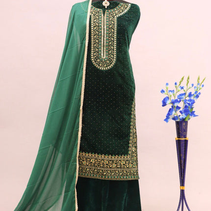 Lorenvalley Fashion Women Green Velvet Embroidered Salwar Suit Material