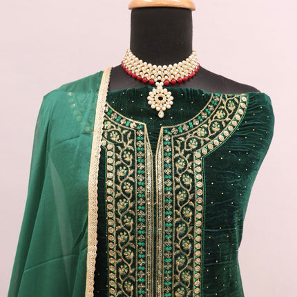 Lorenvalley Fashion Women Green Velvet Embroidered Salwar Suit Material