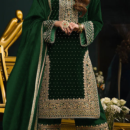 Lorenvalley Fashion Women Green Velvet Embroidered Salwar Suit Material