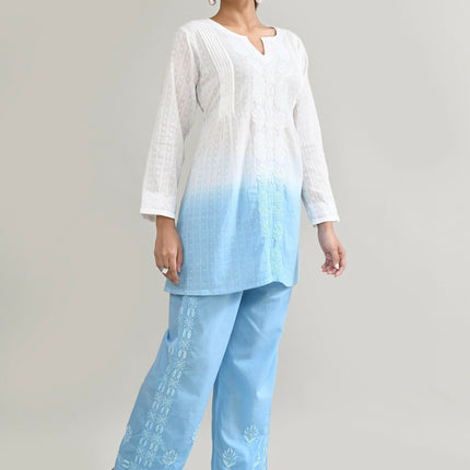 Joban Fashion Womens Cotton ChikanKari Sky Blue & White Cord set