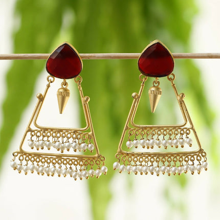 Joban Fashion Women Handcrafted Red Stone Matte Gold Earrings