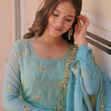 Aastha Fashion Sky Pedding Gold Organza Sequins-Multi & Zari Embroidered Work Party Wear Designer Gown