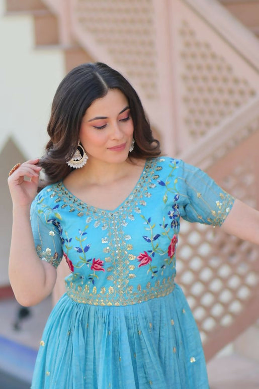 Aastha Fashion Sky Gold Crush Multi Thread Embroidery Zari Sequins-Work Party Wear Designer Gown