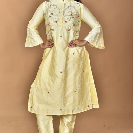 Morchari Women And Hand Embroidery Co-Ord Set-Lemon- Yellow