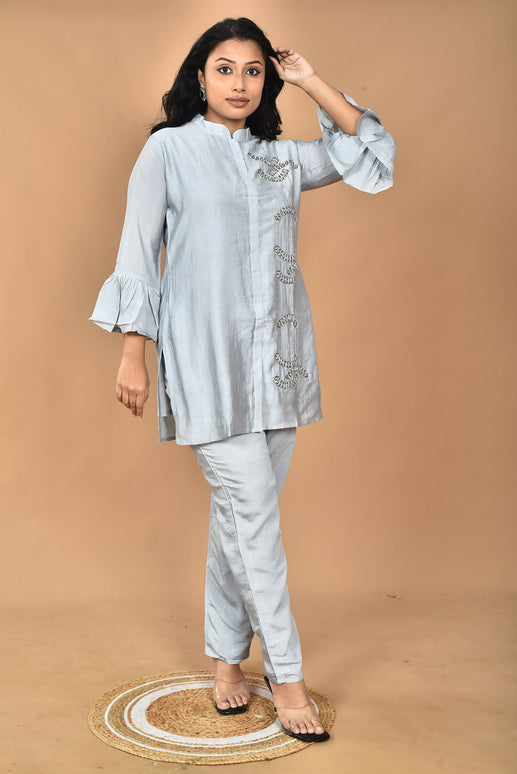 Morchari Women Hand Embroidery Co-Ords-Grey