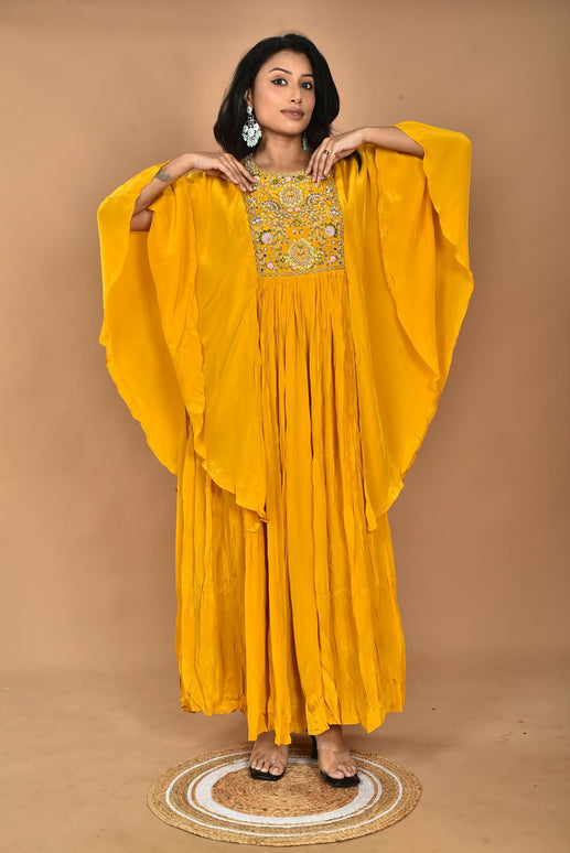 Morchari Kaftan Zari Embroidery Work Gown-Yellow