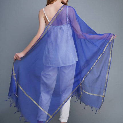 Shehnaai Chanderi Silk Dupatta In Blue Colour With A Golden Woven Border
