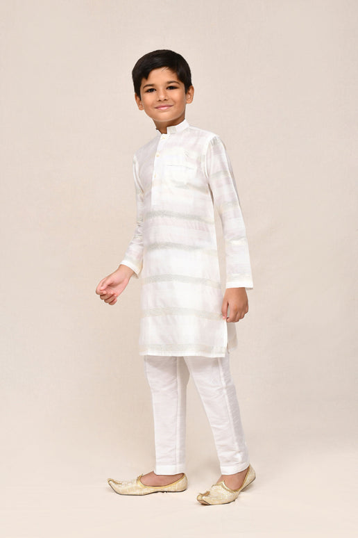 Joban Fashion Jacquard Silk Off White Kurta With Straight Fit Pant