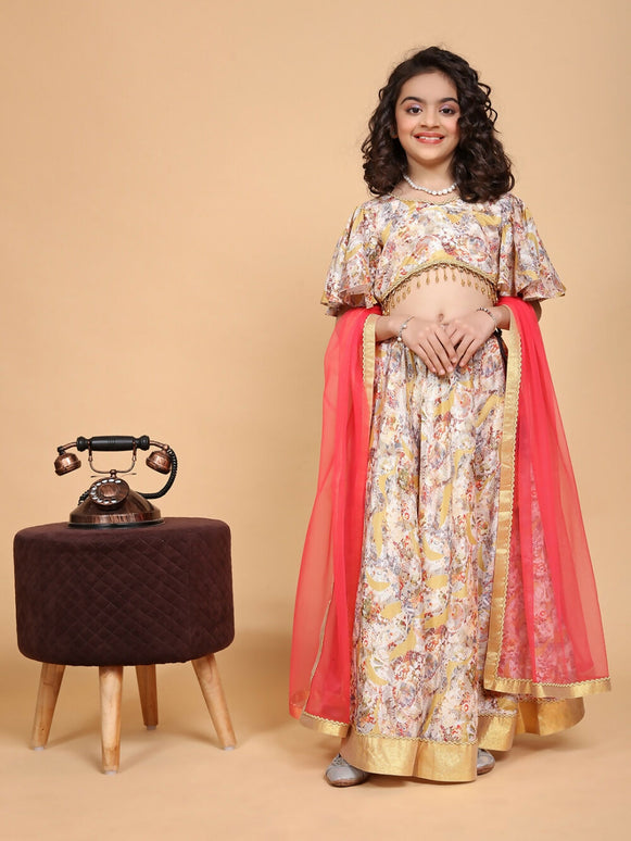 Divine Drape Girls Chinon Cream Printed Kids Lehenga Choli With Dupatta