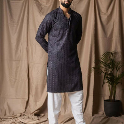 Dark Grey Rayon Thread Embroidery Work Kurta Set - Mahotsav