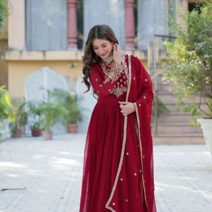 Aastha Fashion Maroon Faux Blooming Georgette Sequins Embroidered work Party Wear Designer Gown