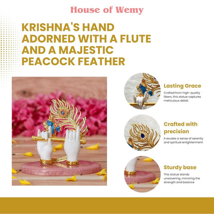 House Of Wemy Gold-Polished Lord Krishna Hands Idol with Flute, Face and Pecock Feather