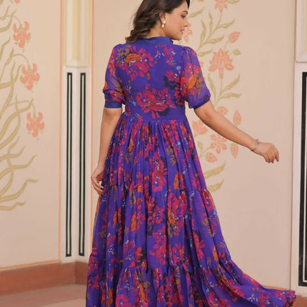 Aastha Fashion Purple Faux Georgette Printed Party Wear Designer Gown