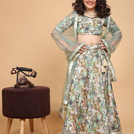 Divine Drape Girls Chinon Green Printed Kids Lehenga Choli With Dupatta