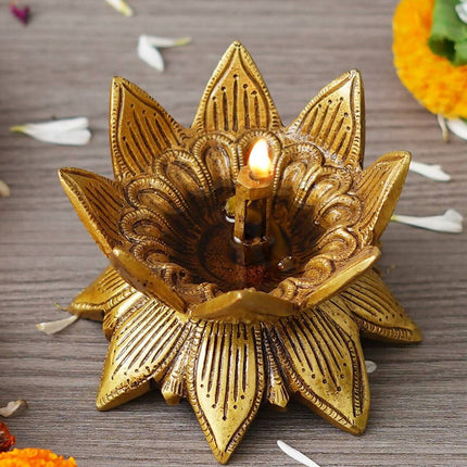 eCraftIndia Gold Toned Lotus Flower Designer Brass Diya