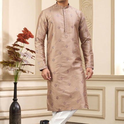 Raivat Ethnic Men's Art Silk Thread Work Kurta Pyjama In Brown Colour