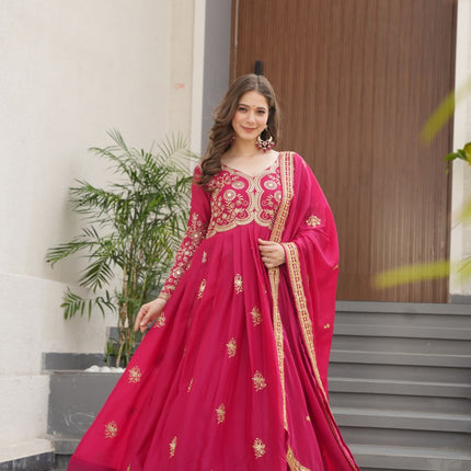 Jyoti Fashion Women's Pink Star Georgette Sequins & Zari Embroidered Anarkali Set With Dupatta