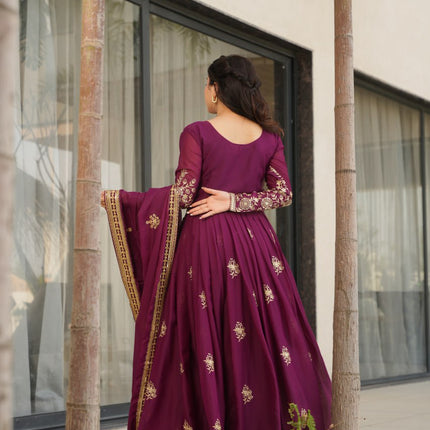 Jyoti Fashion Women's Wine Star Georgette Sequins & Zari Embroidered Anarkali Set With Dupatta